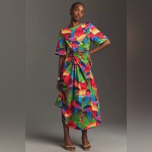 NWT Farm Rio Short-Sleeve Cutout t-shirt Midi Dress multicolor crew neck SZ XS